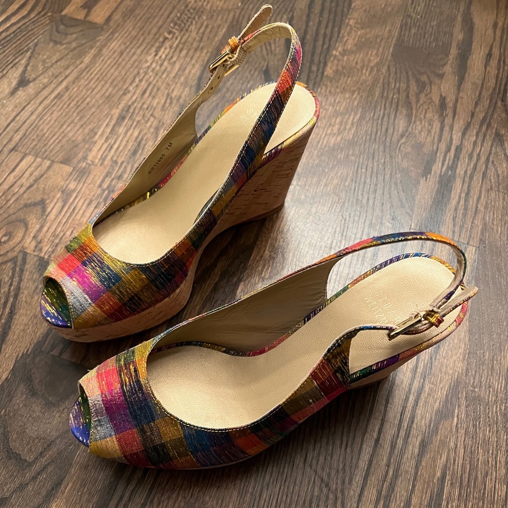 Stuart Weitzman Sling back Wedges Colorful Checkered